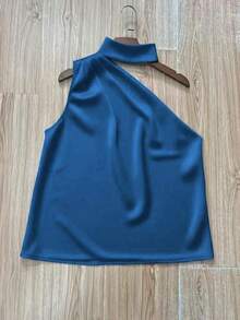 1 pieza Blusa elegante sin mangas de satén de unicolor con volantes asimétricos/asimétricos, adecuada para verano, vacaciones, oficina, hogar, uso diario, fiesta de cumpleaños, eventos formales y casuales - azul real - Ver 4