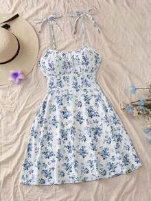 Vestido midi con estampado floral y tirantes anudados en los hombros, vestido bohemio sin espalda con nudo, busto fruncido sin mangas con tirantes finos, ajuste regular, vestido corto con estampado floral pequeño, para primavera/verano, uso diario - Azul y blanco - Ver 5