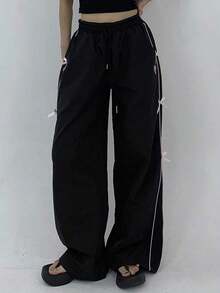 Pantalones casuales de pierna ancha con cordón en contraste y ribeteamionto - Negro 3 - Ver 6