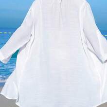 Swim Vcay Women's White Coconut Tree Button Casual Vacation Beach Kimono Cover Up - Celeste - Ver 3