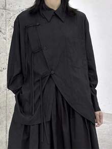 Camisa de mujer elegante y casual con cuello vuelto, manga larga suelta y asimétrica, de tela tejida de unicolor, con cierre de botones, adecuada para uso casual, oficina, diario, aeropuerto, primavera/verano, color negro - Negro - Ver 9