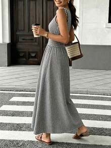 Vestido maxi a cuadros marrones 2026 para mujer, con tirantes de lazo y cintura fruncida con volantes, estilo minimalista casual y perfecto para vacaciones y uso diario - Blanco y Negro - Ver 2