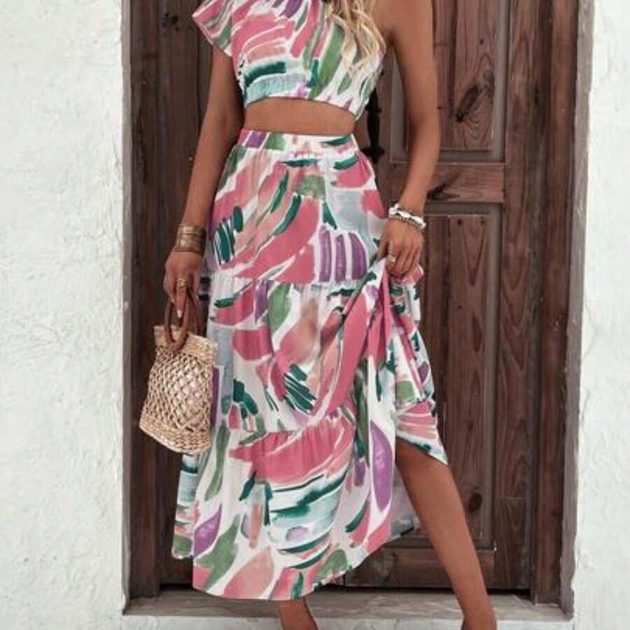 Allover Print Crop One Shoulder Blouse & Ruffle Hem Skirt - Rosa - Ver 1