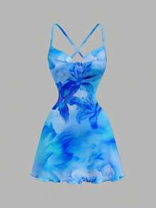 Vestido mini con cuello drapeado con estampado floral de hibisco naranja y amarillo en estilo retro vacacional elegante para mujer - Salidas, playa, bodas, cumpleaños, fiestas, chic, festival occidental, chica de isla vintage, vacaciones en la , - Azul - Ver 5