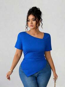Camiseta de manga corta con diseño de cuello asimétrico para mujer de talla grande, de ajuste ceñido y de alta gama, versátil para el trayecto y el uso diario en primavera/verano - azul real - Ver 5