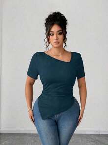Camiseta de manga corta de cuello asimétrico para mujer talla grande, top ajustado versátil y elegante de alta gama, adecuado para primavera/verano - Agua verde azul - Ver 3