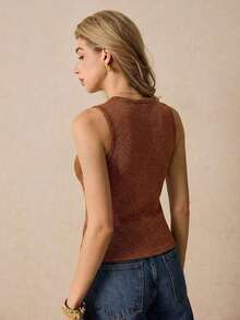 Camiseta sin mangas casual de cuello redondo y de un solo abotonadura para mujer - Marrón - Ver 2