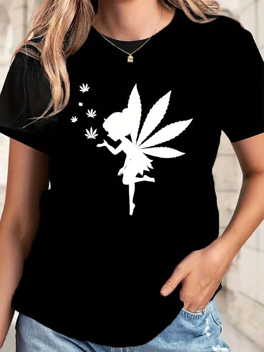 ¡Oferta especial por tiempo limitado, cantidades limitadas, relámpago!Camisas casuales para mujer, camisetas para mujer, camisetas de poliéster para mujer, camisas elegantes.,Camiseta de manga corta con estampado de hadas, camiseta casual de cuello redondo para mujer, camiseta deportiva, ropa deportiva para mujer. - Negro - Ver 1
