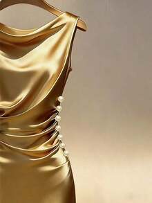 Vestido ajustado sin mangas con cuello drapeado de satén color dorado champán - Mostaza Amarilla - Ver 4