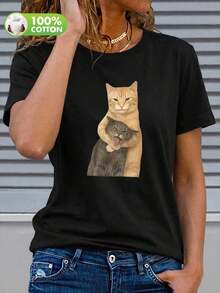 Women's T-Shirt With A Fun Cat Print, Cute And Unique Design, Humorous And Eye-Catching, Street Style, 100% Cotton, Short Sleeve Crew Neck, Plus Size Casual Wear, Retro T-Shirt, Spring/Summer Black - 3 - 查看 5