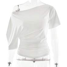 Top corto fruncido con hombros descubiertos para mujer, camisetas básicas de Color sólido con cuello oblicuo, camisetas de manga corta, ropa de calle informal de verano - Blanco - Ver 1