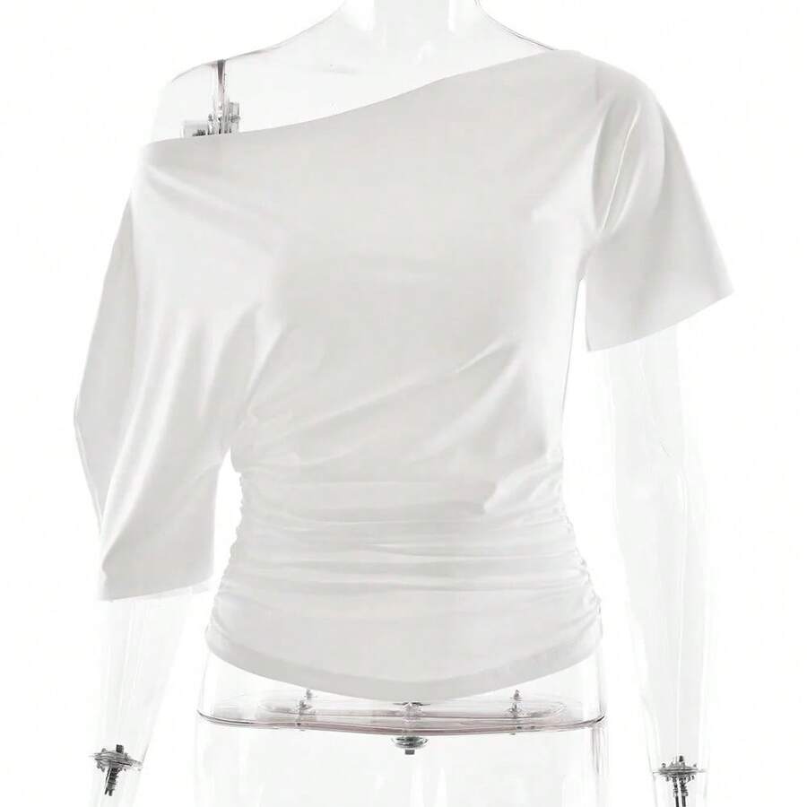 Top corto fruncido con hombros descubiertos para mujer, camisetas básicas de Color sólido con cuello oblicuo, camisetas de manga corta, ropa de calle informal de verano - Blanco - Ver 1