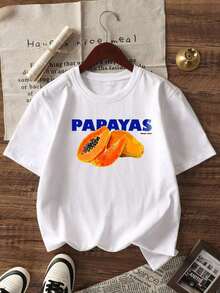 Camisetas estampadas, camisetas básicas para mujer, camisetas oversize, camisetas de algodón para mujer. Oferta limitada por tiempo limitado. Camiseta oversize de verano para mujer con estampado gráfico de fruta de papaya, nueva camiseta casual de manga corta con cuello redondo y corte holgado, estilo minimalista estético Y2K, top cómodo y transpirable, perfecta para vacaciones, ropa urbana, regreso a clases, días festivos, salidas de fin de semana, viajes a la playa, atuendo casual diario y para amantes de la fruta. GOVJ - Blanco - Ver 3