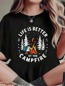 100% cotton La vida es mejor alrededor de la fogata, camiseta divertida de camping, camiseta estampada, top casual de manga corta con cuello redondo para verano, ropa de mujer. - Negro - Ver 1