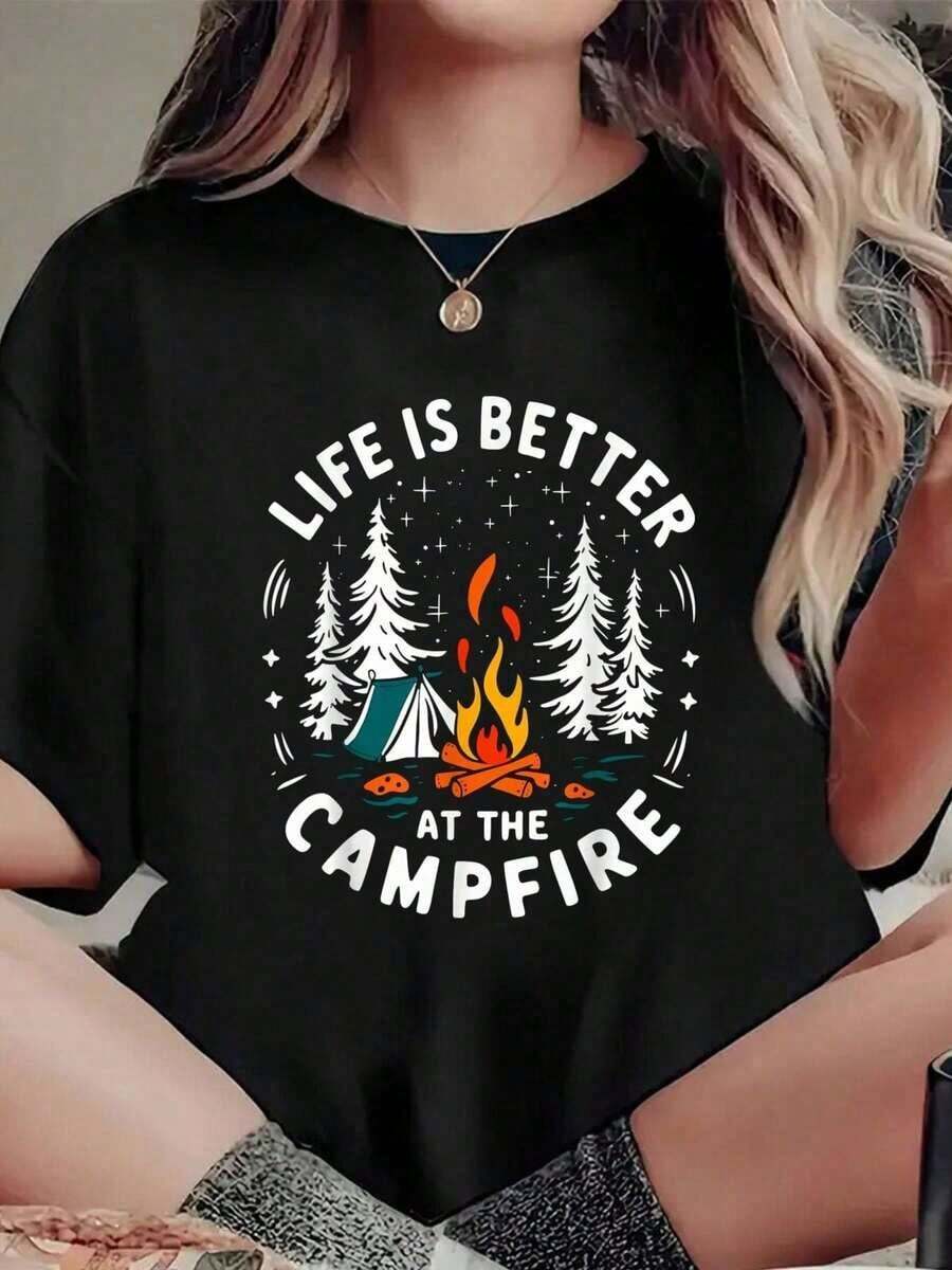 100% cotton La vida es mejor alrededor de la fogata, camiseta divertida de camping, camiseta estampada, top casual de manga corta con cuello redondo para verano, ropa de mujer. - Negro - Ver 1