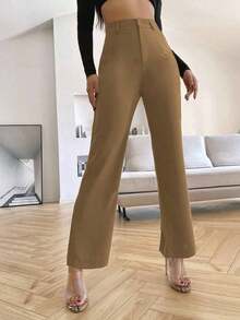 Pantalones rectos casuales lisos para mujer, para uso diario en otoño/invierno - Marrón - Ver 6