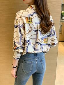 YUXIN 女士复古印花衬衫，时尚翻领设计，适合工作和休闲场合，舒适的长袖上衣，适合春秋季穿着。 - 杏色 - 查看 12