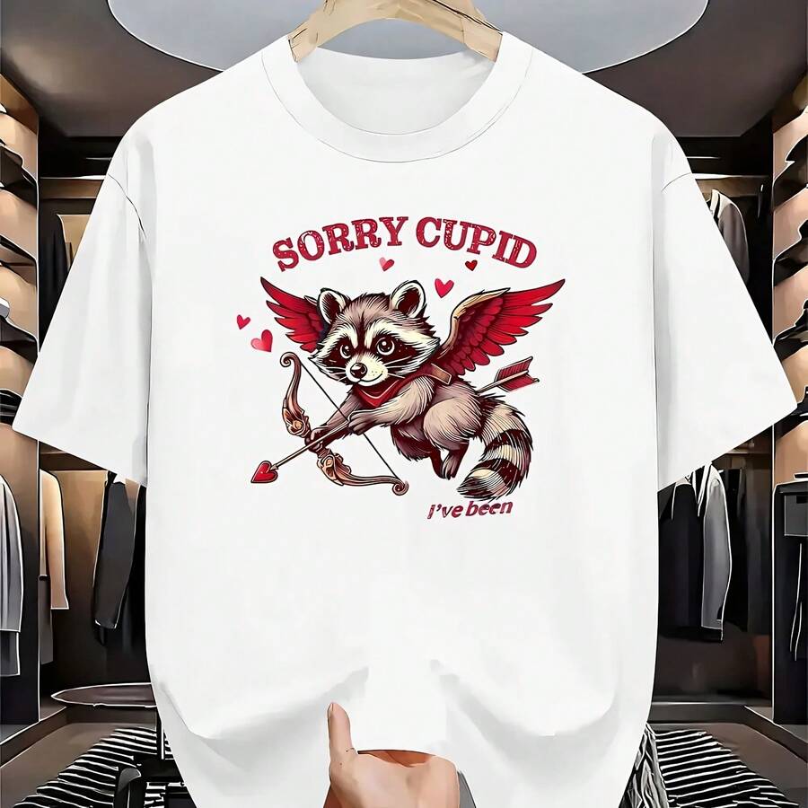 Camiseta divertida para hombre para el Día de San Valentín, linda camiseta con estampado de mapache y Cupido con corazón y flecha, blanca con adornos rojos - forma - Ver 1