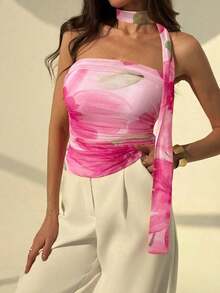 elegante y romántica con estampado de flores y teñido anudado, con volantes sin tirantes.Blusa floral romántica para verano, primavera, fiestas de San Valentín, playa y salidas - Multicolor - Ver 6
