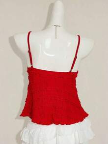 Blusa de tirantes de mujer con volantes de tela texturizada de unicolor para el verano y vacaciones - Rojo - Ver 2