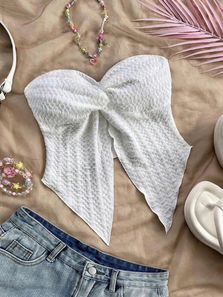 Top cómodo de gasa con abertura frontal, textura de tela, sin tirantes, ideal para uso casual y romántico en vacaciones, para tomar el té por la tarde dentro o fuera, de vuelta a la escuela - Blanco - Ver 1