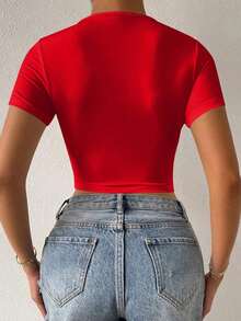 Camiseta casual de mujer con fruncido delantero y cordón - Rojo - Ver 2