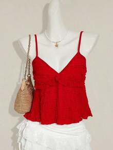 Blusa de tirantes de mujer con volantes de tela texturizada de unicolor para el verano y vacaciones - Rojo - Ver 11