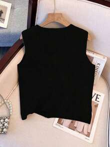 1 pieza Chaleco de punto de mujer minimalista de unicolor con botón de metal suave, parte superior casual versátil, suéter de moda de cuello redondo - Negro - Ver 2