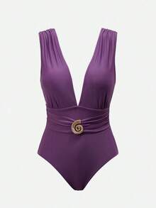 Swim Oasis Conjunto elegante de retro con estampado en espiral de un solo pieza de traje de baño coordinado con pantalón de pierna ancha, conjunto de vacaciones elegante para mujeres - Multicolor 2 - Ver 5