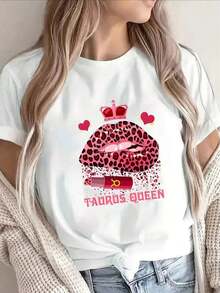 Black Short-Sleeved T-Shirt With A "Taco Queen" Graphic, Designed With A Striking Pink Leopard Print. Ideal For Casual Outings At Home Or Restaurants, This Top Is Both Lightweight And Durable, Making It A Fashionable Choice For Women. - 白色 - 查看 1