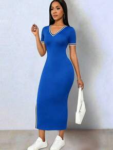 Vestido elegante de mujer de manga corta con cuello en V, de punto elástico de color negro con bloqueo de color, asimétrico con abertura en el bajo - Azul - Ver 6