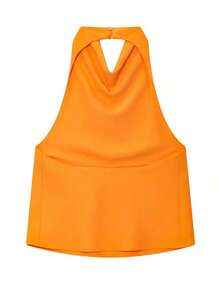 Camiseta sin espalda de satén negro para mujer, Camiseta de tirantes para playa de verano para mujer, Camiseta de tirantes finos con hombros descubiertos de color rosa para mujer - Naranja - Ver 3