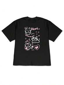 Women's Loose-Fitting Short-Sleeved T-Shirt With A Hand-Drawn Heart And A Cute Cat, Along With An English Phrase. This Comfortable And Soft T-Shirt Is Perfect For Those Who Love A Sweet And Adorable Style, Ideal For Everyday Wear. Perfect For Casual Wear For Sweet Girls Or Students, Cool And Breathable Summer Clothes, Elegant Party Outfits, Stylish Ladies' T-Shirts, And Blouses Suitable For Curvy Women. - 黑色 - 查看 7