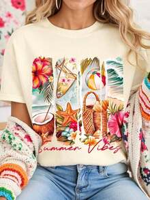 1 Pieza de Moda Casual para Hombres y Mujeres DEAR MOLLY Camiseta de Manga Corta con Cuello Redondo y Estampado de Playa de Verano, Adecuada para Fiestas, Reuniones y Varias Ocasiones, Para Todas las Temporadas, Un Regalo Ideal para Mamá, Casual para Vacaciones, Blanca, Versátil, fácil de combinar, adecuada para uso diario, estilo urbano, ropa de vacaciones, ropa de fin de semana. - Albaricoque - Ver 7