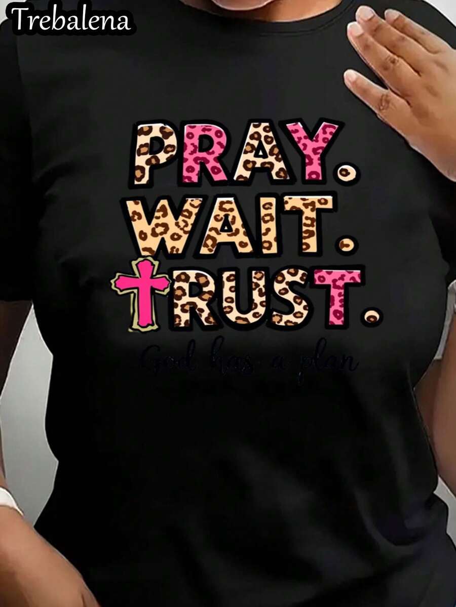 Women's Plus Size Classic T-Shirt 100% Cotton - Leopard And Polka Dot Print Design With Cross Pattern - "Pray, Hope, Believe God Has A Plan" - Casual Short Sleeve Crew Neck Top For Spring, Summer, Autumn - Gift For Mother's Day, June Day, Sizes 0XL-4XL, Inspirational Clothing | Fashionable Casual Wear | Comfortable And Well-Fitting, A Hit - 黑色 - 查看 1