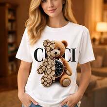 1 pieza de camiseta de algodón de manga corta para mujer de talla grande con estampado de oso de peluche, top casual de cuello redondo, corte holgado, tallas S-5XL, camiseta con gráfico de animal lindo, tela suave y transpirable, para uso diario, camisa de moda de verano, diseño, camiseta básica cómoda, estilo versátil, disponible en tallas grandes. ¡!Camiseta de manga corta estampada para hombre, casual y elegante. Transpirable y cómoda. - Blanco - Ver 1
