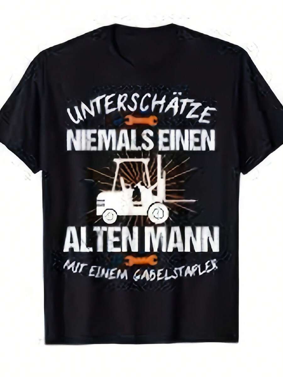 Camiseta con eslogan divertido de conductor de montacargas| Grafica de Maquinaria Pesada y Texto en Alemán "Solo lo Mejor para los Más Exigentes" - Nueva Camiseta Casual de Cuello Redondo 2026, Adecuada para Trabajadores, Profesionales de Logística y Operadores de Montacargas - Para Todas las Temporadas - Negro - Ver 1