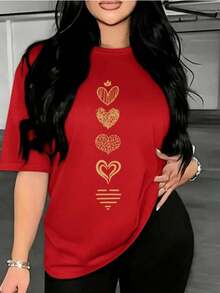 Camiseta con estampado de  Gráfico    Casual    Poliéster    mujer  Diario    primavera-Vintage Street Style Unisexoose Cotton Short Sleeve Crew Neck T-Shirt - Rojo - Ver 6