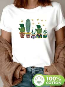 Camiseta de mujer con estampado colorido de cactus en macetas que simbolizan la vida en el desierto y la fuerza natural, 100% algodón, suave y cómoda para uso diario - Camiseta unisex de manga corta y cuello redondo, estilo vintage urbano, 100% algodón puro. - Blanco - Ver 7