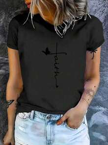 Women's Short-Sleeved Cotton T-Shirt With A Printed, Casual, And Fitted Design, Featuring A Beautiful Faith Logo Print. Soft And Comfortable, It's Perfect For Everyday Wear And A Versatile Piece. This Women's Short-Sleeved T-Shirt Is A Wardrobe Staple That Goes With Everything, Suitable For Both Indoor And Outdoor Wear. - 黑色 - 查看 1