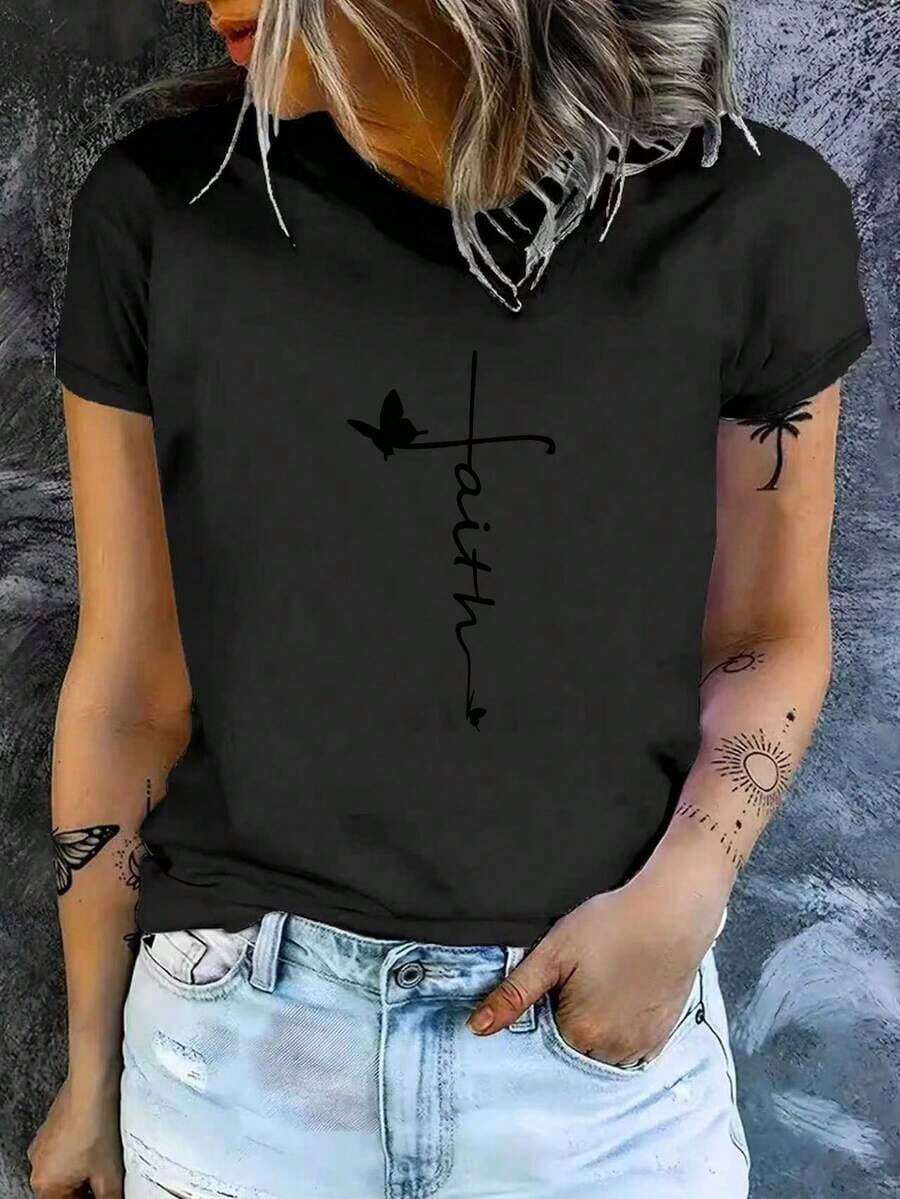 Women's Short-Sleeved Cotton T-Shirt With A Printed, Casual, And Fitted Design, Featuring A Beautiful Faith Logo Print. Soft And Comfortable, It's Perfect For Everyday Wear And A Versatile Piece. This Women's Short-Sleeved T-Shirt Is A Wardrobe Staple That Goes With Everything, Suitable For Both Indoor And Outdoor Wear. - 黑色 - 查看 1
