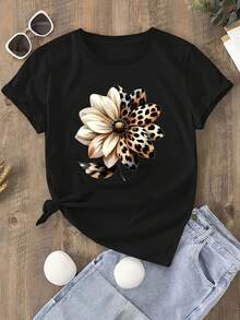 Camiseta casual para mujer con estampados de leopardo y flores -- top suave y transpirable para primavera/verano, lavable a máquina, adecuada para uso casual, 100% algodón. - Negro - Ver 7