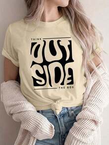 1pcY2K Women's Summer Top, Cute And Fun. THINK OUTSIDE THE BOX, Wave Art Font, Creative Minimalist Style, Women's T-Shirt With Cartoon Letter Print. Suitable For Various Occasions, Such As A Gift For Festivals, Birthdays, Music Festivals, Casual Wear, Versatile And Comfortable, For Beach Vacations, Simple And Fashionable, Suitable For Everyday Wear For Women And Girls. 100% Cotton. - 杏色 - 查看 2