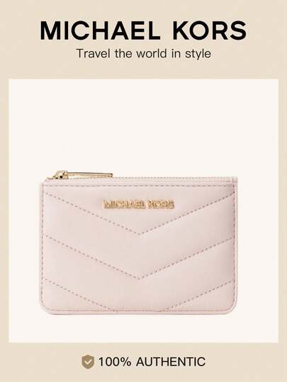 Michael Kors MK Jet Set Travel Small Quilted Coin Pouch Leather Zip Compact Wallet For Women RFID Blocking Credit Card Case Holder Wallet With Back ID Card Window And Keychain
