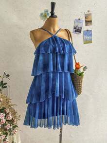 Nuevo vestido elegante y romántico para invitados de boda, de unicolor, con espalda descubierta, multicapa con volantes de gasa, minivestido, adecuado para estilo bohemio, boho, flores románticas, vacaciones, fiestas florales, citas, San Valentín, - Multicolor 4 - Ver 5
