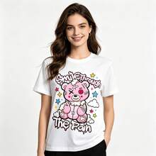 Tops para mujer holgada con estampado gráfico para niñas - Estampado frontal de un oso de peluche y letras, estilo casual para la vuelta al cole. - Blanco - Ver 1