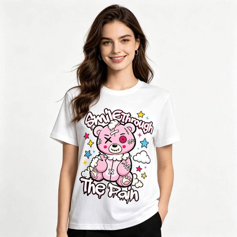 Tops para mujer holgada con estampado gráfico para niñas - Estampado frontal de un oso de peluche y letras, estilo casual para la vuelta al cole. - Blanco - Ver 1