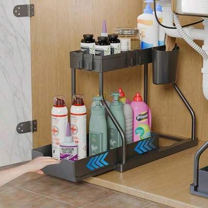 1/2pcs Minimalist Industrial Style Black & White Matte Finish Double-Layer Pull-Out Storage Rack, Multi-Functional Durable L-Shaped Structure With Pull-Out Tray, Hooks And Storage Basket