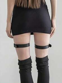 2pcs Women's Black Buckle Solid Color Rivet Leg Bands, Fashionable Minimalist, Easily Adjustable, Suitable For Any Occasion - Black - View 3