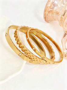 3pcs/Set Stainless Steel Bracelet Set, Rhinestone Clover Clasp Open Bangle, Suitable For Women's Daily Wear Or Gift - Yellow Gold - View 7